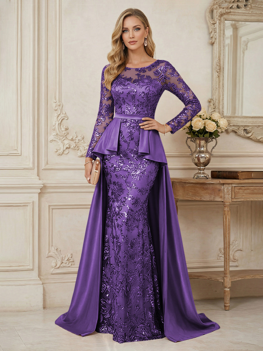 Mermaid Scoop Long Sleeve Floor Length Mother of the Bride Dresses with Peplum & Appliques (SHI22500269)