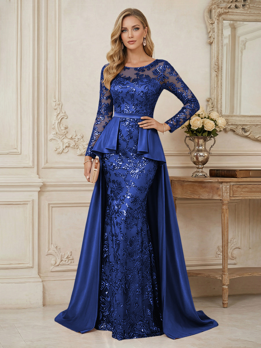 Mermaid Scoop Long Sleeve Floor Length Mother of the Bride Dresses with Peplum & Appliques (SHI22500269)