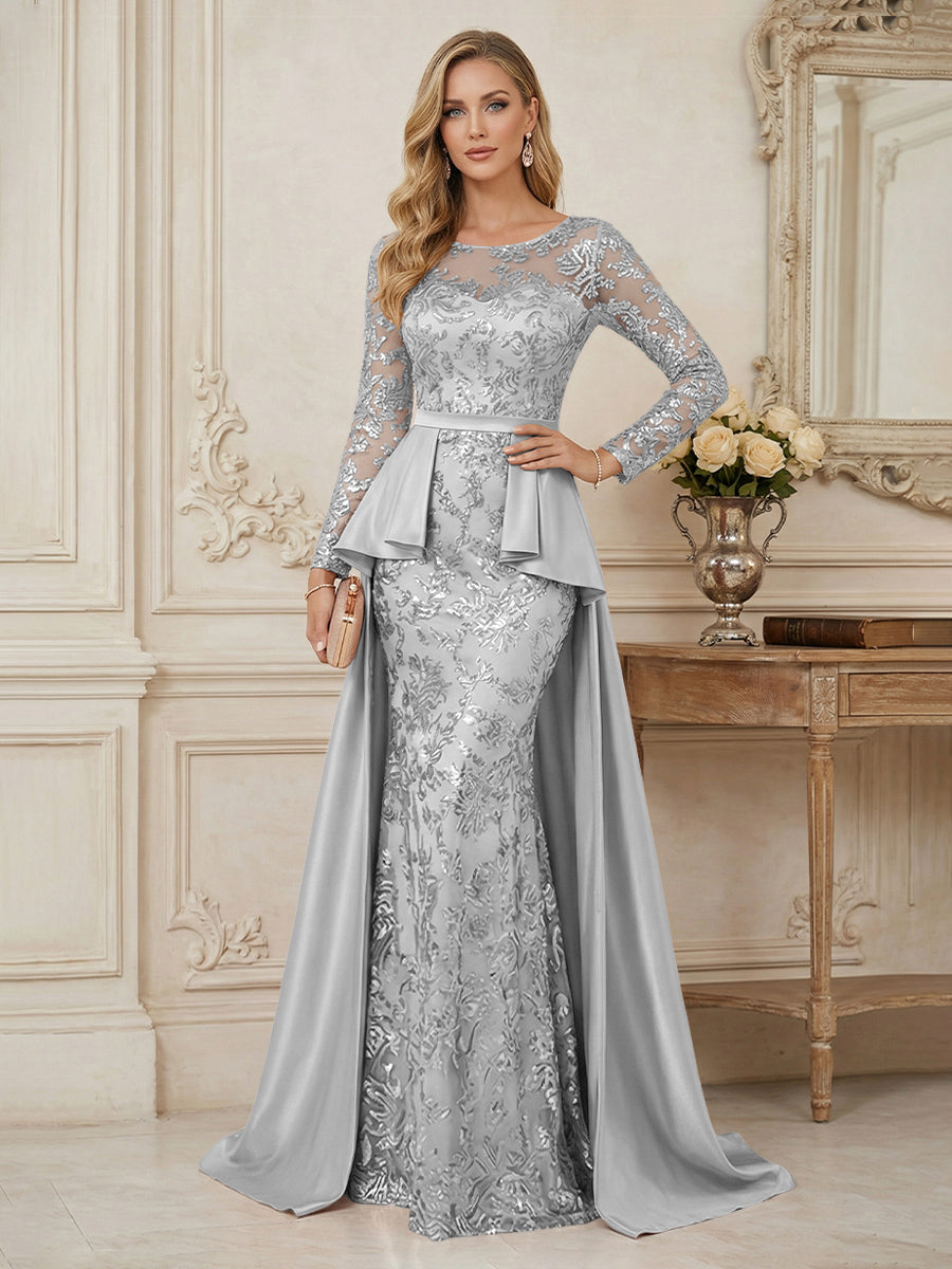 Mermaid Scoop Long Sleeve Floor Length Mother of the Bride Dresses with Peplum & Appliques (SHI22500269)