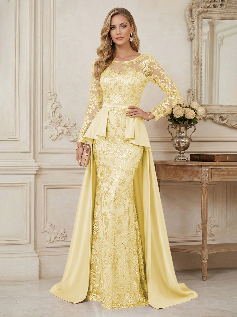 Mermaid Scoop Long Sleeve Floor Length Mother of the Bride Dresses with Peplum & Appliques (SHI22500269)
