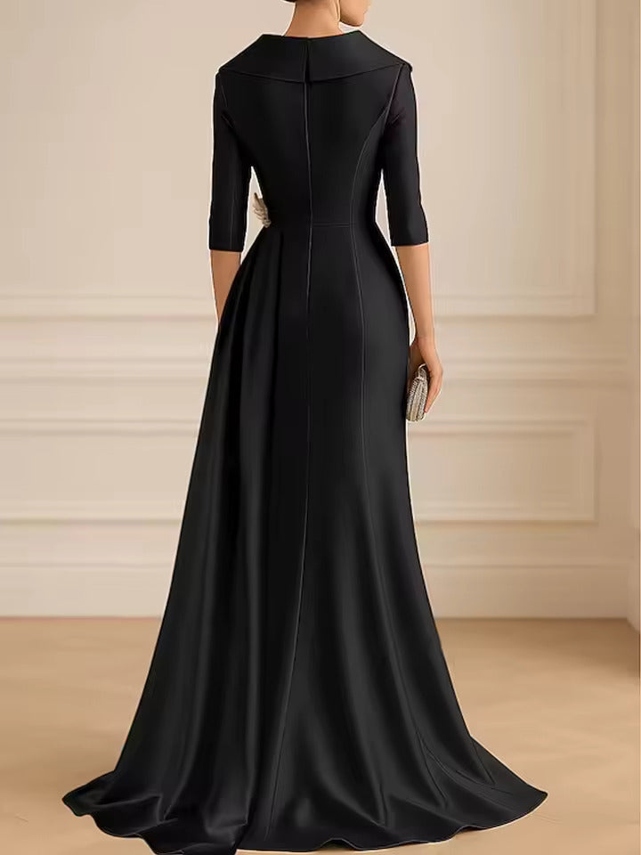 A-Line Satin V-Neck 3/4 Sleeve Mother of the Bride Dresses Floor-Length Ball Gown with Applique (SHI22500294)