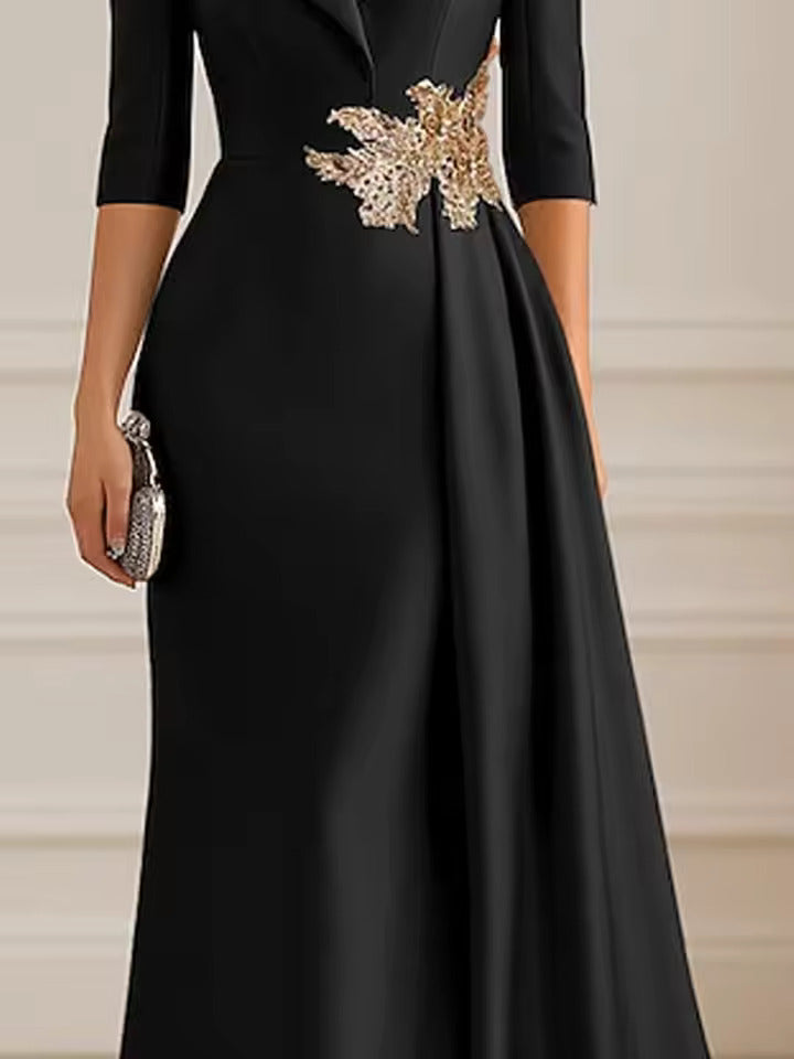 A-Line Satin V-Neck 3/4 Sleeve Mother of the Bride Dresses Floor-Length Ball Gown with Applique (SHI22500294)