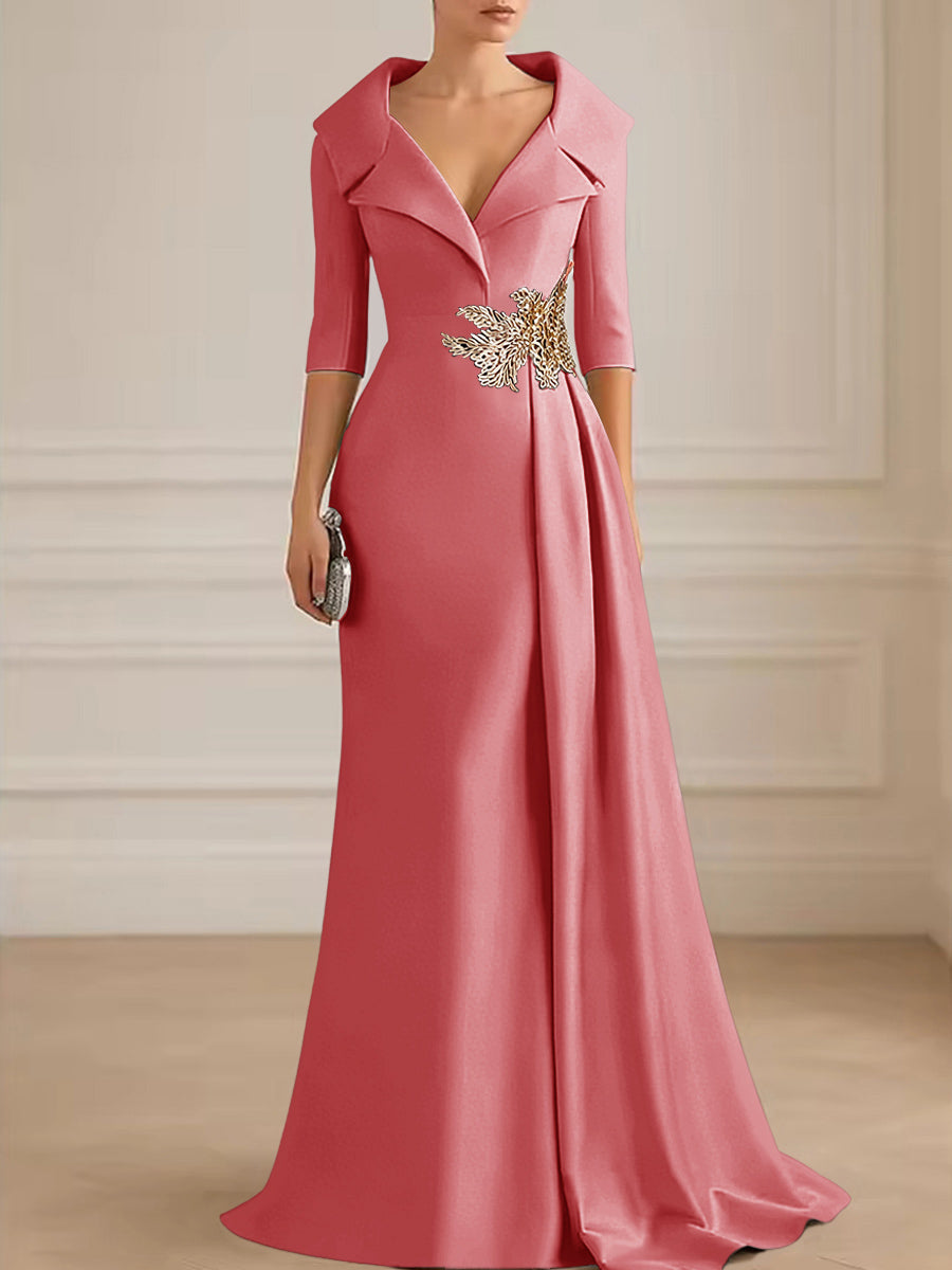 A-Line Satin V-Neck 3/4 Sleeve Mother of the Bride Dresses Floor-Length Ball Gown with Applique (SHI22500294)