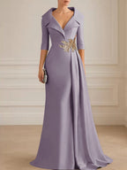 A-Line Satin V-Neck 3/4 Sleeve Mother of the Bride Dresses Floor-Length Ball Gown with Applique (SHI22500294)