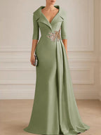 A-Line Satin V-Neck 3/4 Sleeve Mother of the Bride Dresses Floor-Length Ball Gown with Applique (SHI22500294)