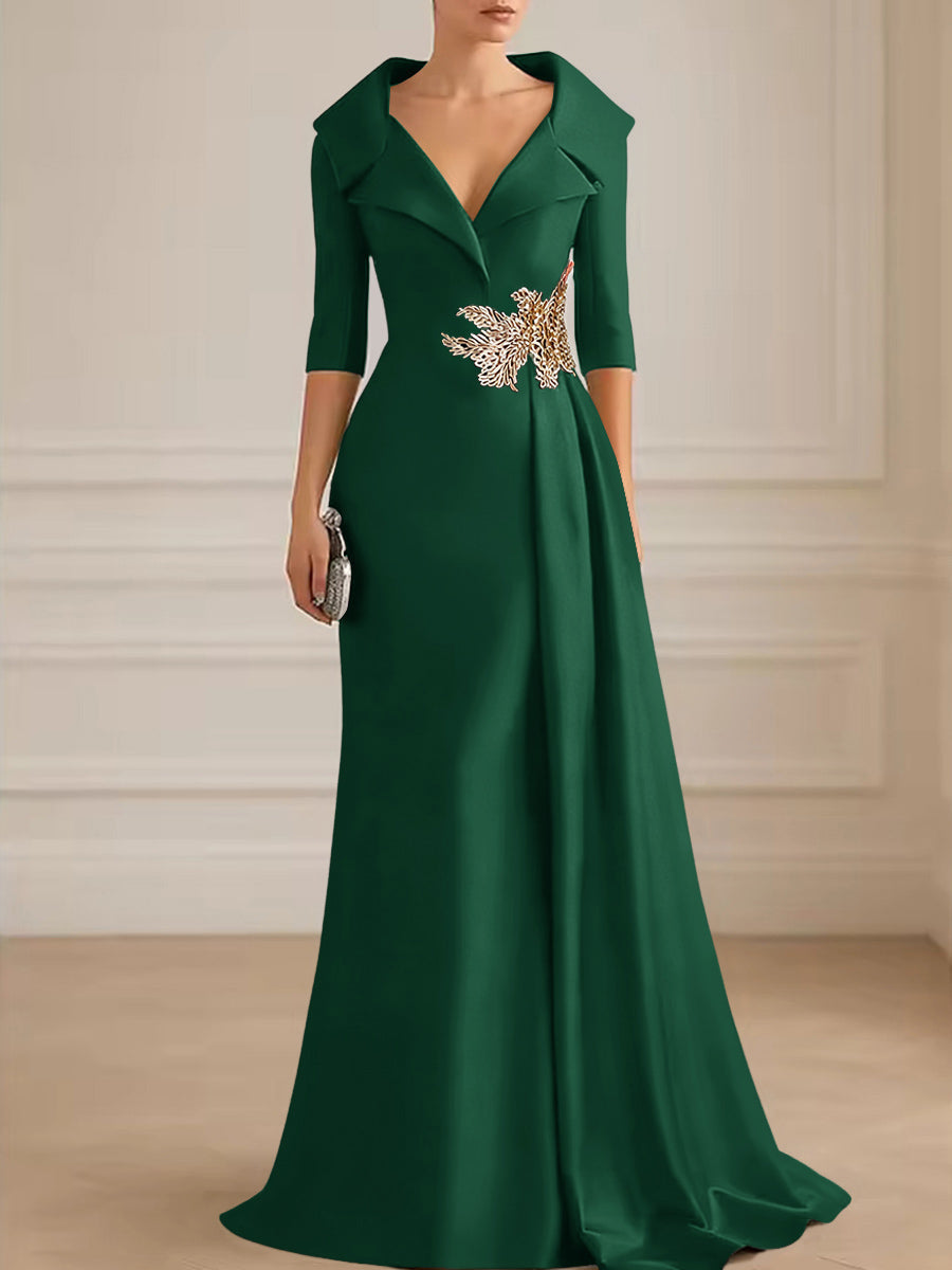 A-Line Satin V-Neck 3/4 Sleeve Mother of the Bride Dresses Floor-Length Ball Gown with Applique (SHI22500294)