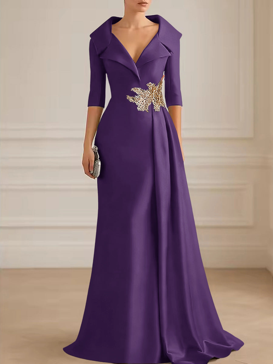 A-Line Satin V-Neck 3/4 Sleeve Mother of the Bride Dresses Floor-Length Ball Gown with Applique (SHI22500294)