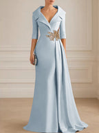 A-Line Satin V-Neck 3/4 Sleeve Mother of the Bride Dresses Floor-Length Ball Gown with Applique (SHI22500294)