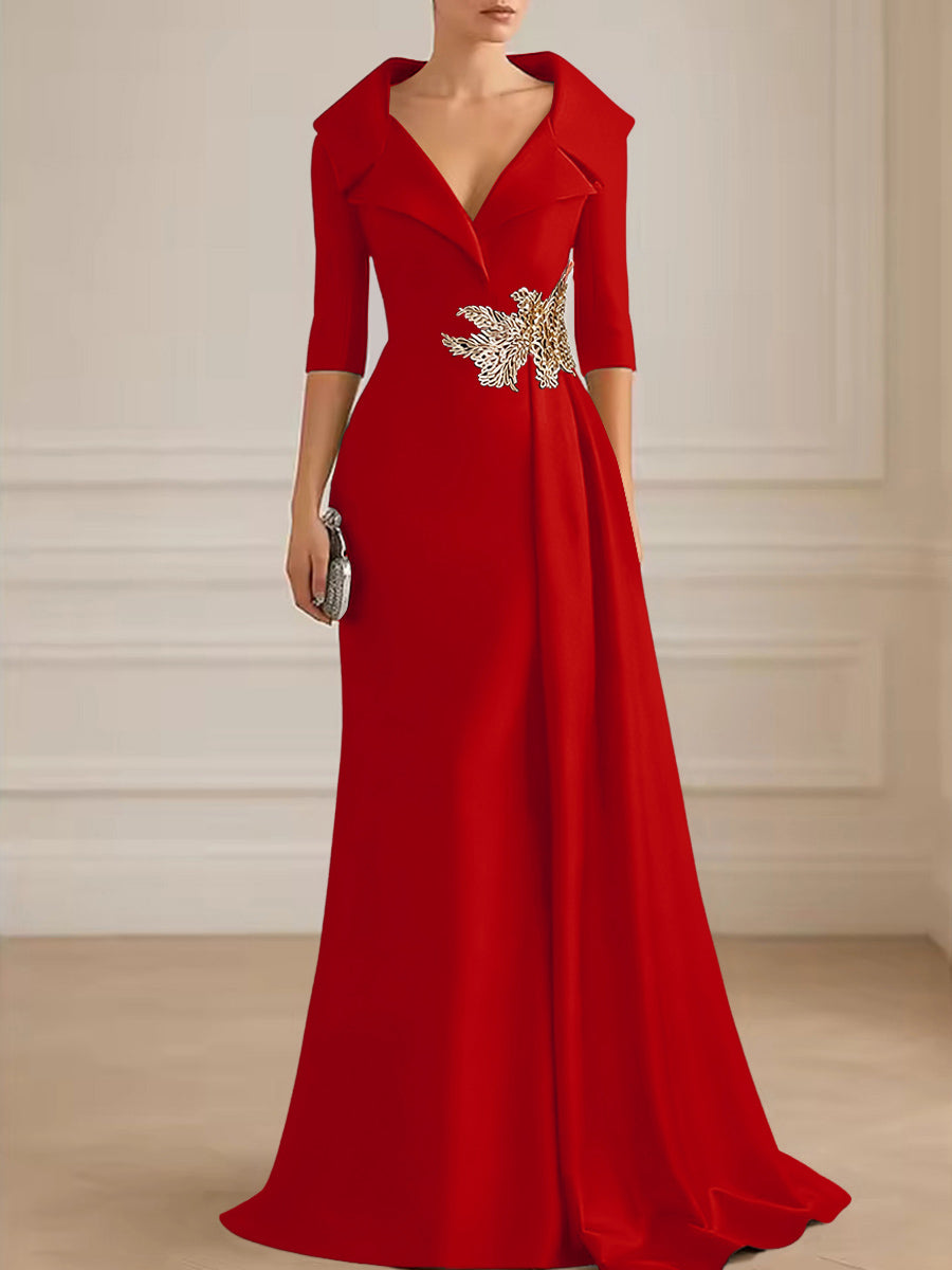 A-Line Satin V-Neck 3/4 Sleeve Mother of the Bride Dresses Floor-Length Ball Gown with Applique (SHI22500294)