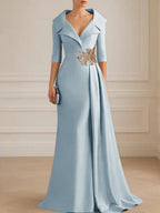 A-Line Satin V-Neck 3/4 Sleeve Mother of the Bride Dresses Floor-Length Ball Gown with Applique (SHI22500294)
