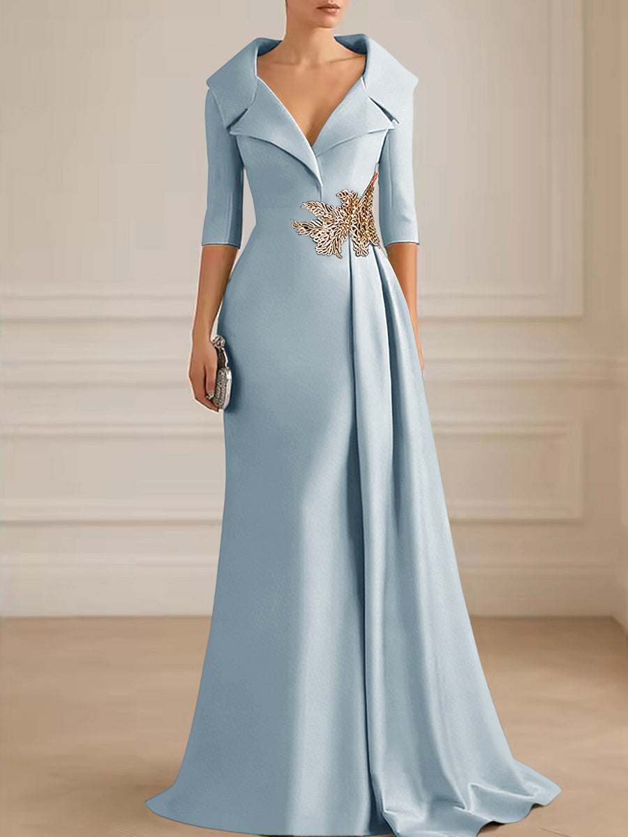 A-Line Satin V-Neck 3/4 Sleeve Mother of the Bride Dresses Floor-Length Ball Gown with Applique (SHI22500294)