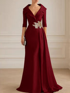 A-Line Satin V-Neck 3/4 Sleeve Mother of the Bride Dresses Floor-Length Ball Gown with Applique (SHI22500294)