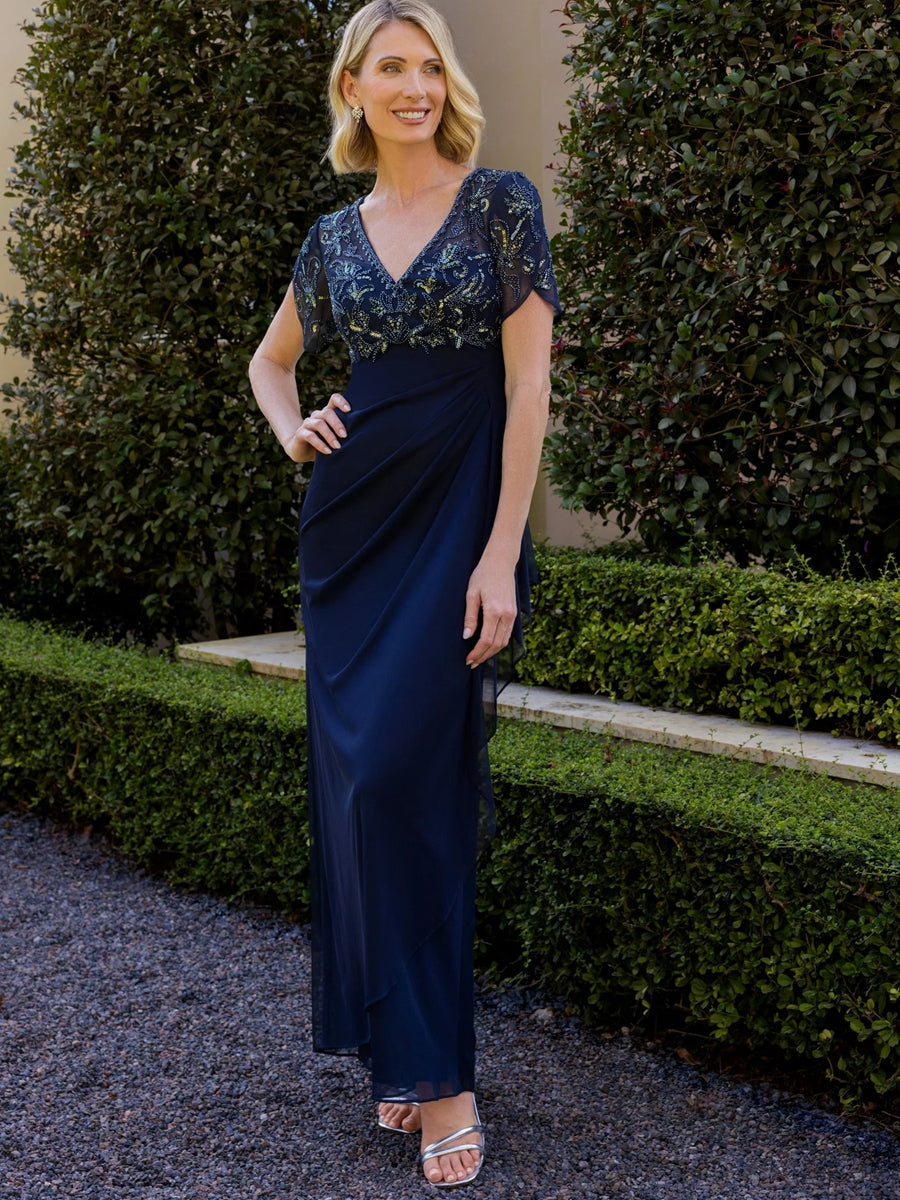 A-Line Chiffon V-Neck Short Sleeve Mother of the Bride Dresses Floor-Length with Sequin Appliques (SHI22500297)