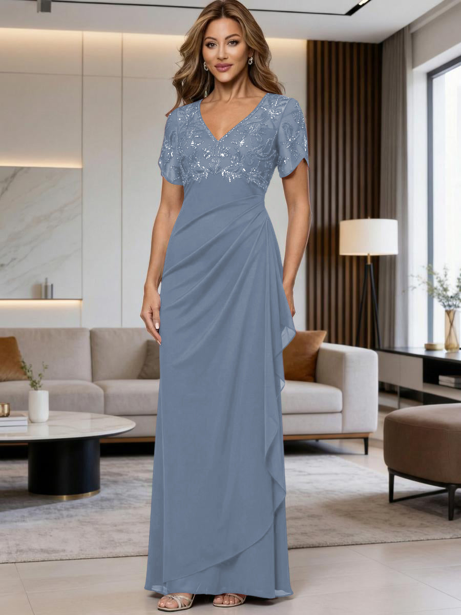 Satin Sheath/Column V-Neck Floor-Length Mother of the Bride & Groom Dresses with Ruffles (SHI22500838)