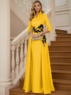 A Line 3/4 Sleeve Stand Collar with V-Neck Floor Length Mother of the Bride Dresses (SHI22500299)