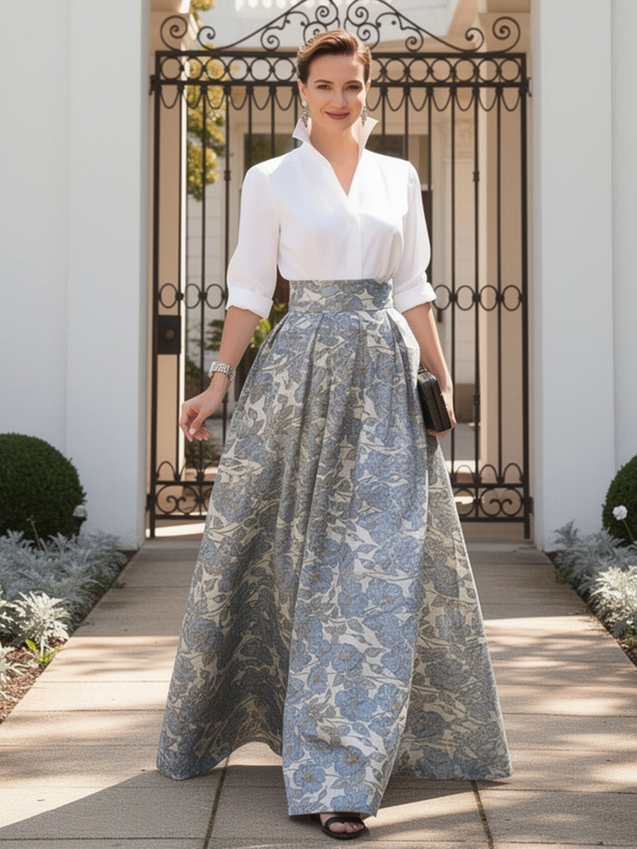 A Line V-Neck Stand Collar Half Sleeve Tea-Length Mother of the Bride Dresses with Jacquard (SHI22500307)