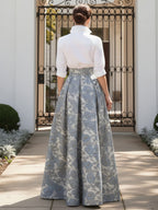 A Line V-Neck Stand Collar Half Sleeve Tea-Length Mother of the Bride Dresses with Jacquard (SHI22500307)