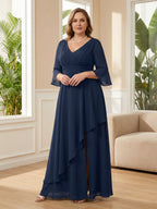 3/4 Sleeve Round Neck Sheath Midi Satin Mother of the Bride Dresses Formal Dress (SHI22500384)