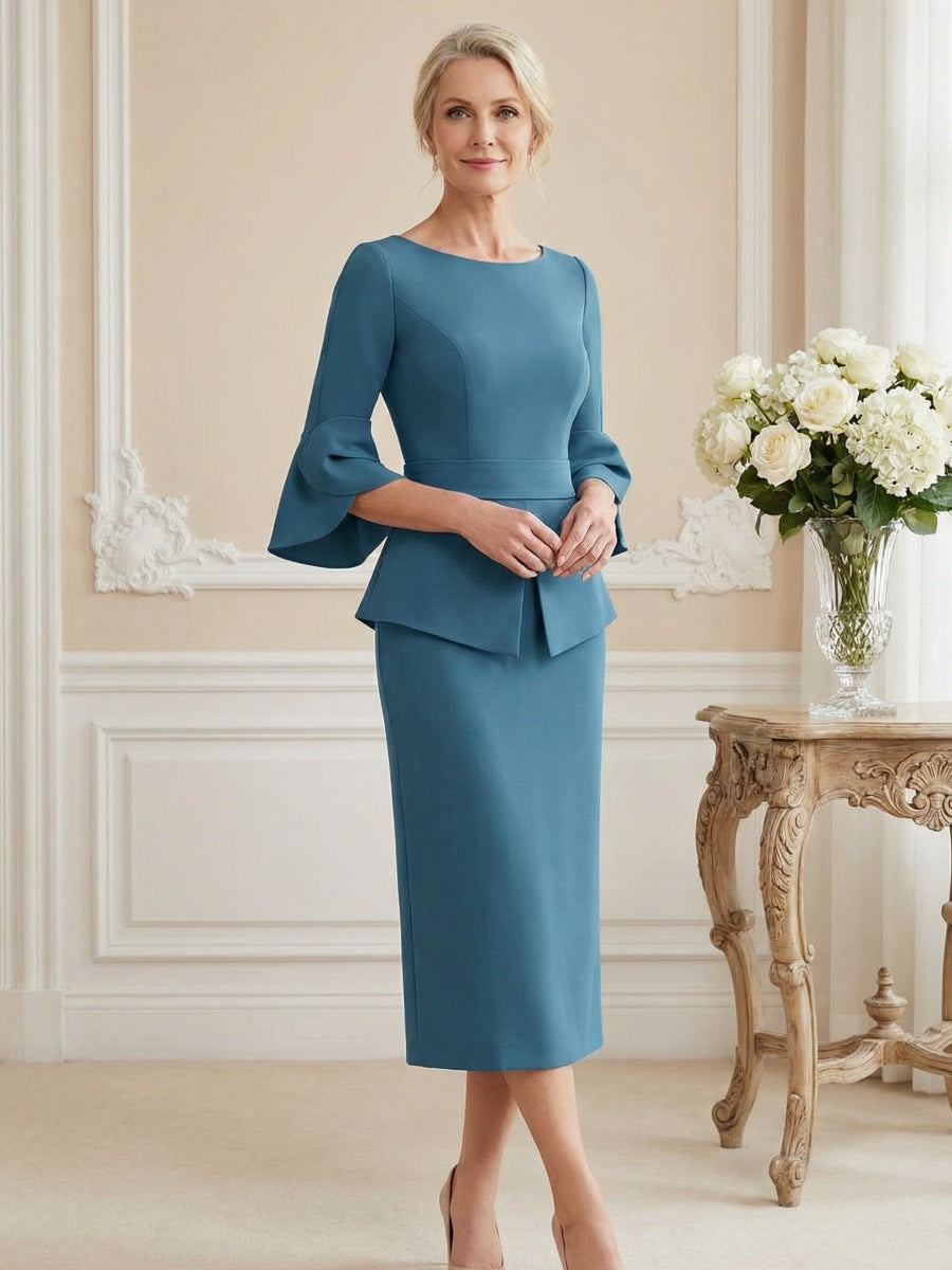3/4 Sleeve Round Neck Sheath Midi Satin Mother of the Bride Dresses Formal Dress (SHI22500384)