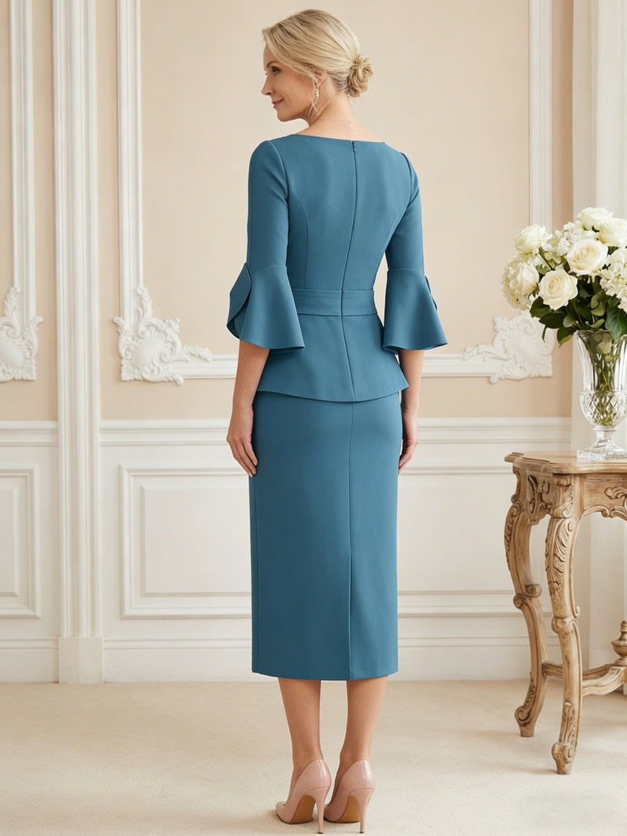 Sheath Satin Tea-Length Mother of the Bride & Groom Dresses with 3/4 Bell Sleeves & Crystal Embellished Belt (SHI22500471)