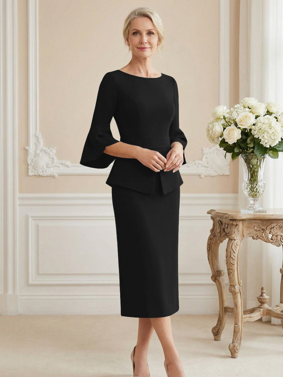 3/4 Sleeve Round Neck Sheath Midi Satin Mother of the Bride Dresses Formal Dress (SHI22500384)