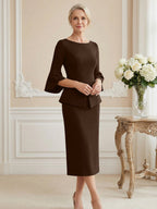 3/4 Sleeve Round Neck Sheath Midi Satin Mother of the Bride Dresses Formal Dress (SHI22500384)