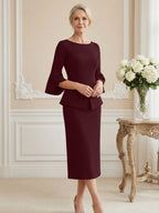 3/4 Sleeve Round Neck Sheath Midi Satin Mother of the Bride Dresses Formal Dress (SHI22500384)