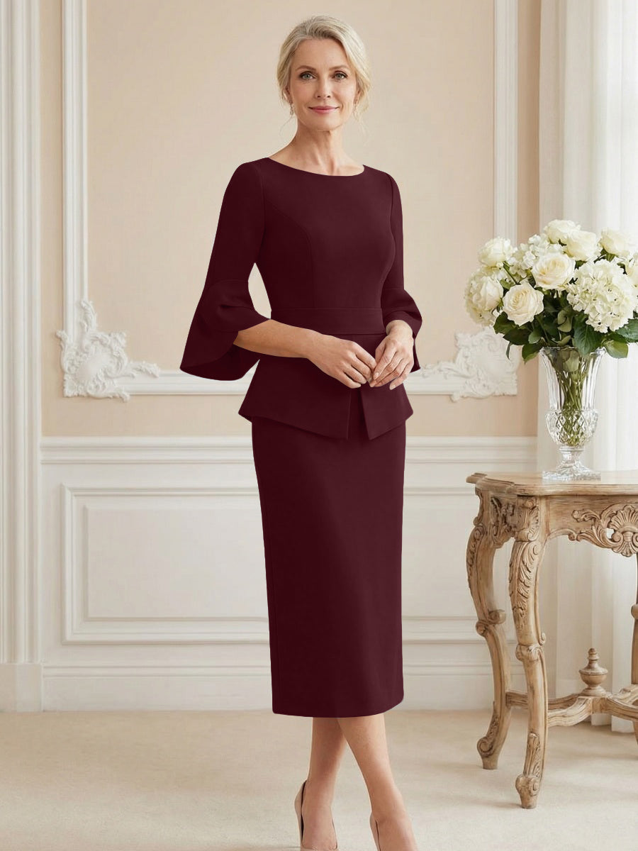 3/4 Sleeve Round Neck Sheath Midi Satin Mother of the Bride Dresses Formal Dress (SHI22500384)