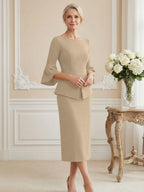 3/4 Sleeve Round Neck Sheath Midi Satin Mother of the Bride Dresses Formal Dress (SHI22500384)