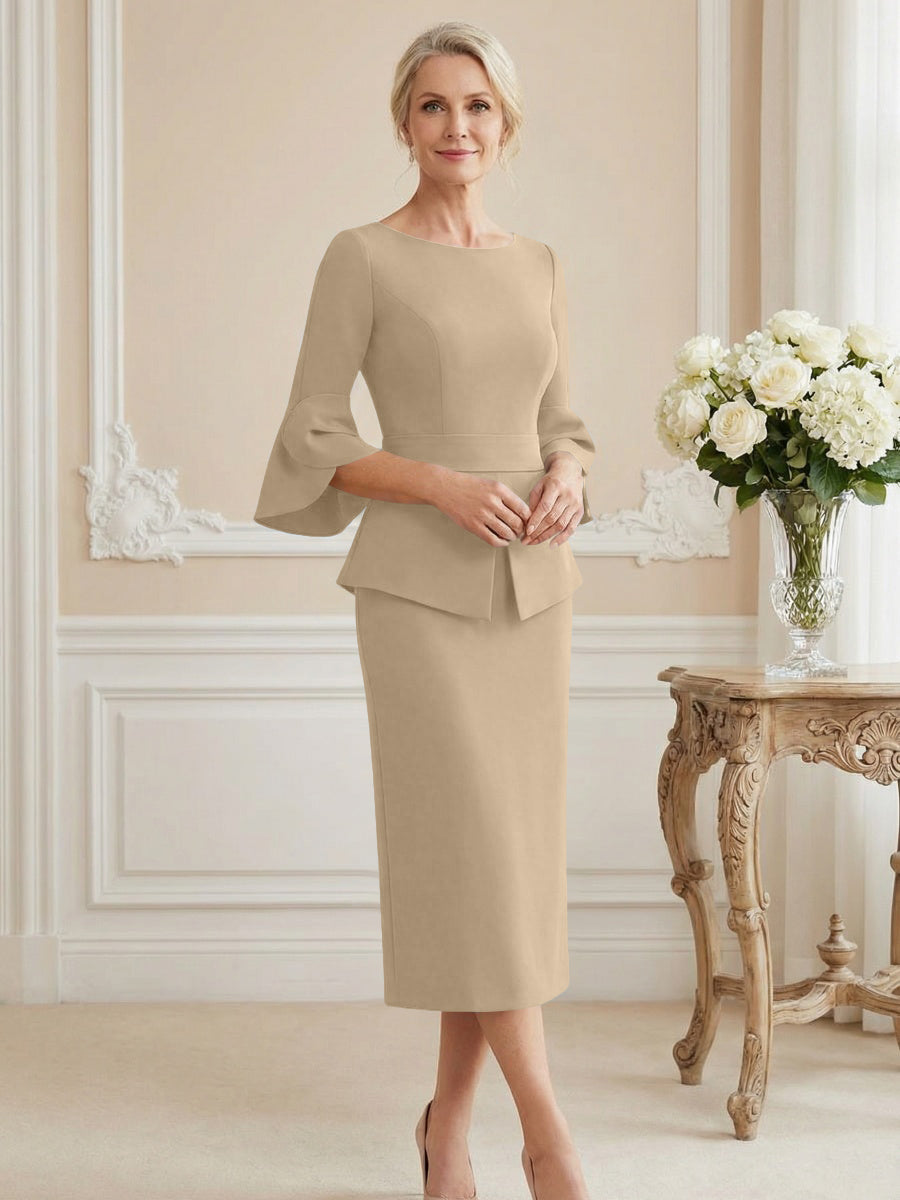 3/4 Sleeve Round Neck Sheath Midi Satin Mother of the Bride Dresses Formal Dress (SHI22500384)
