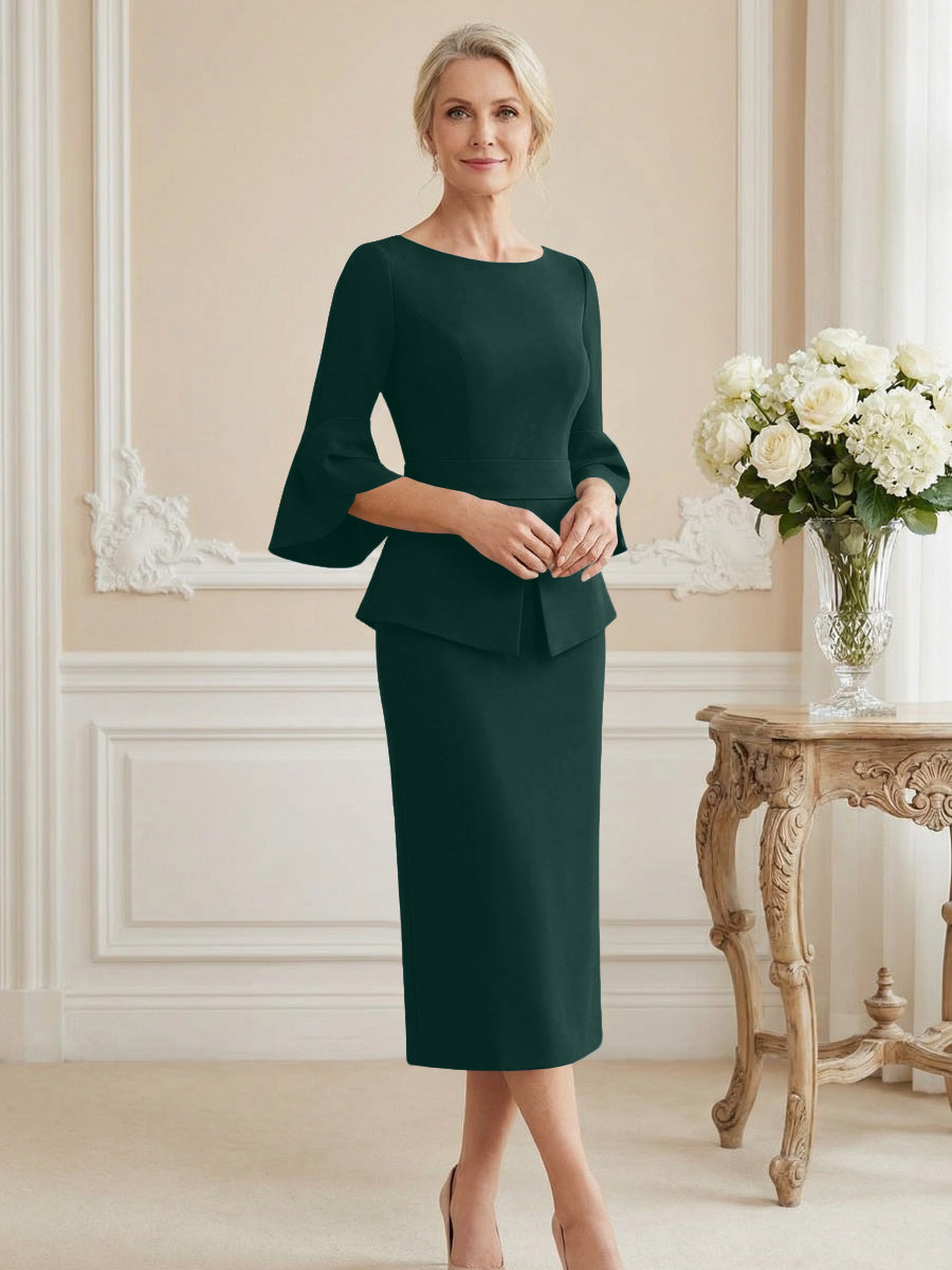 3/4 Sleeve Round Neck Sheath Midi Satin Mother of the Bride Dresses Formal Dress (SHI22500384)