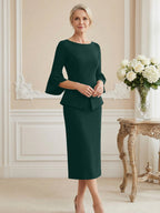 3/4 Sleeve Round Neck Sheath Midi Satin Mother of the Bride Dresses Formal Dress (SHI22500384)