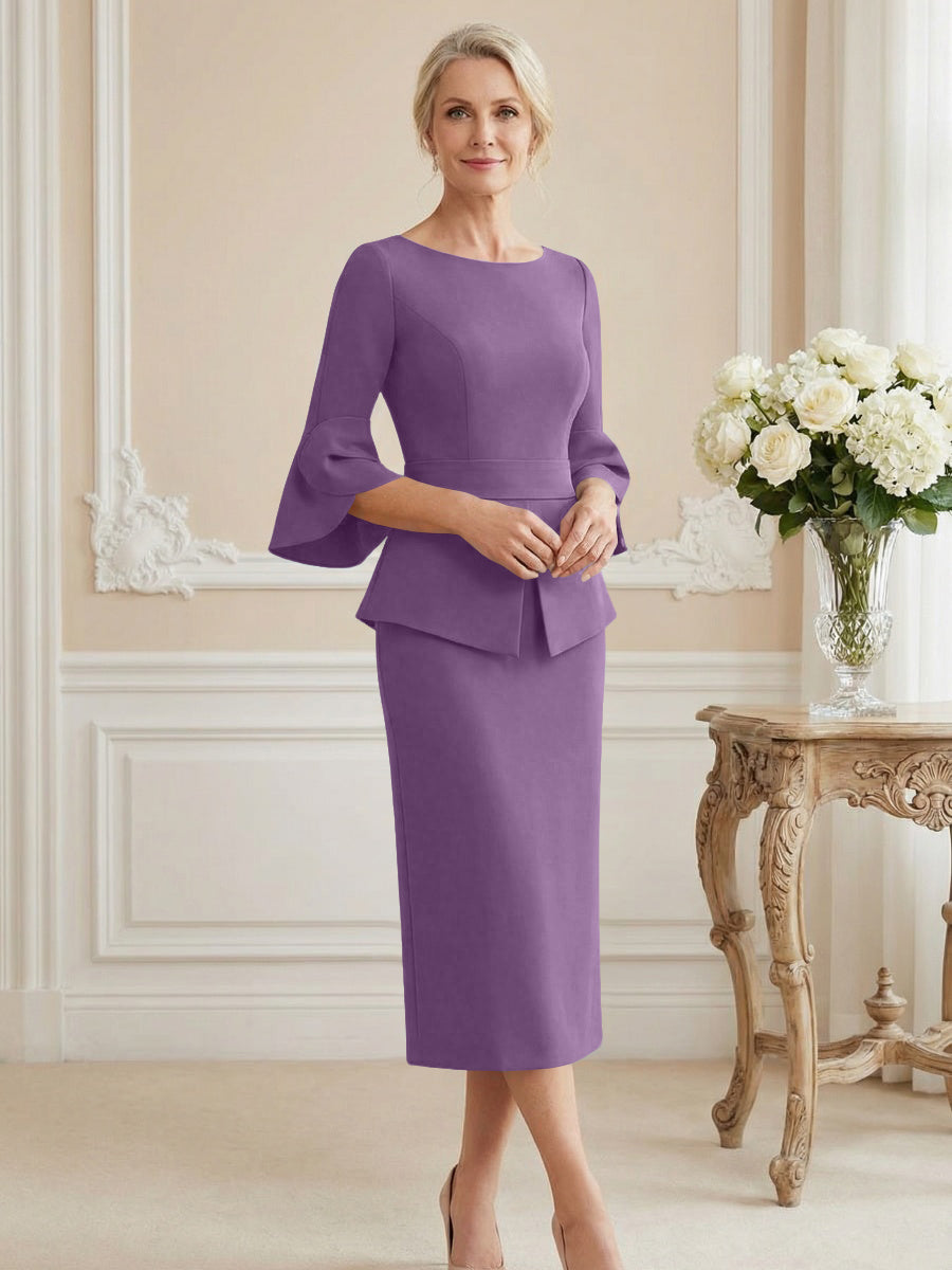 3/4 Sleeve Round Neck Sheath Midi Satin Mother of the Bride Dresses Formal Dress (SHI22500384)