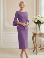 3/4 Sleeve Round Neck Sheath Midi Satin Mother of the Bride Dresses Formal Dress (SHI22500384)