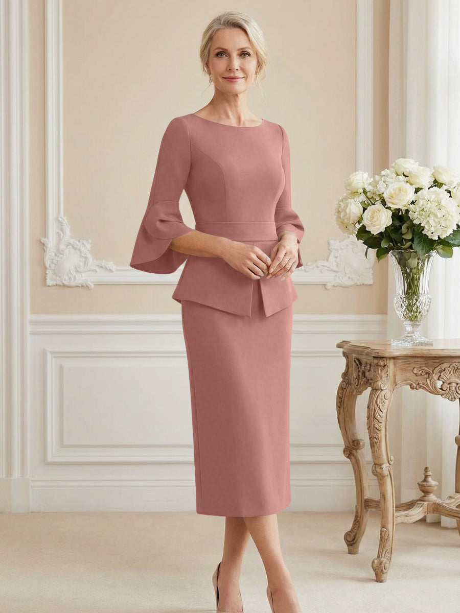 3/4 Sleeve Round Neck Sheath Midi Satin Mother of the Bride Dresses Formal Dress (SHI22500384)