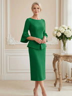 3/4 Sleeve Round Neck Sheath Midi Satin Mother of the Bride Dresses Formal Dress (SHI22500384)