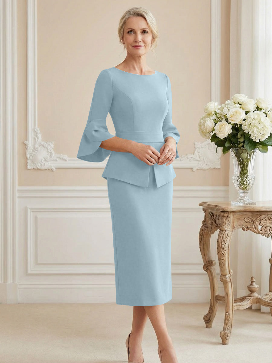 3/4 Sleeve Round Neck Sheath Midi Satin Mother of the Bride Dresses Formal Dress (SHI22500384)