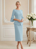 3/4 Sleeve Round Neck Sheath Midi Satin Mother of the Bride Dresses Formal Dress (SHI22500384)