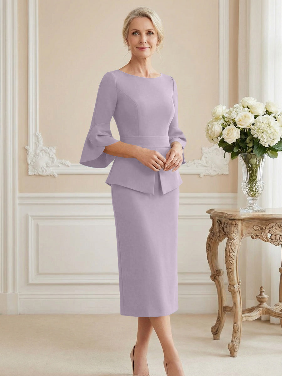 3/4 Sleeve Round Neck Sheath Midi Satin Mother of the Bride Dresses Formal Dress (SHI22500384)