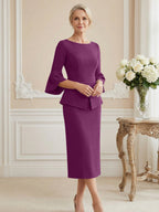 3/4 Sleeve Round Neck Sheath Midi Satin Mother of the Bride Dresses Formal Dress (SHI22500384)