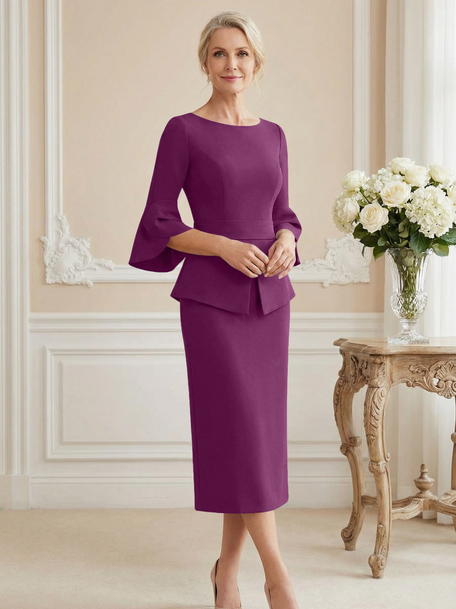 3/4 Sleeve Round Neck Sheath Midi Satin Mother of the Bride Dresses Formal Dress (SHI22500384)
