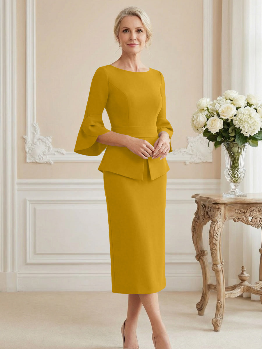 3/4 Sleeve Round Neck Sheath Midi Satin Mother of the Bride Dresses Formal Dress (SHI22500384)