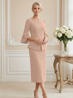 3/4 Sleeve Round Neck Sheath Midi Satin Mother of the Bride Dresses Formal Dress (SHI22500384)