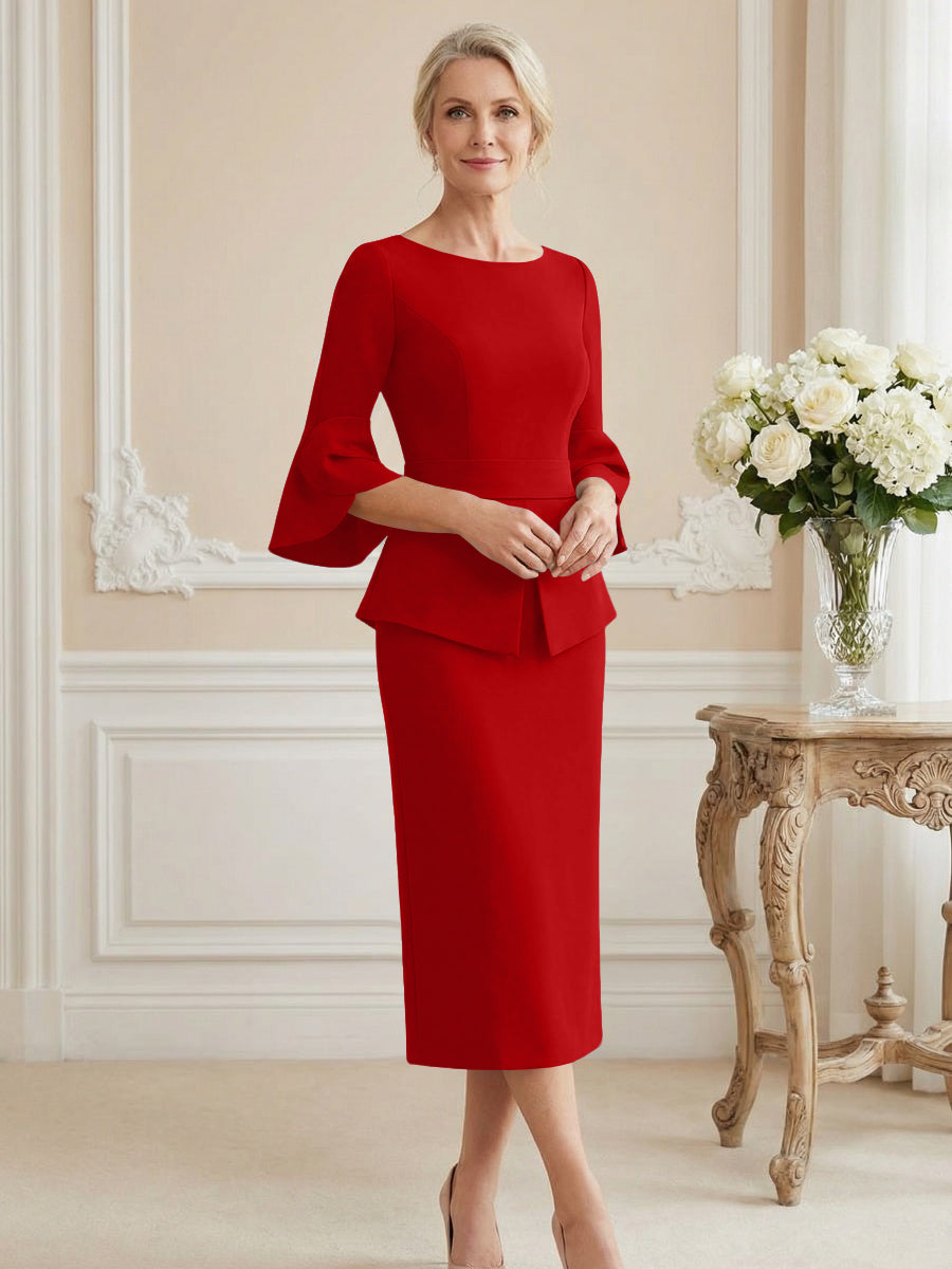 3/4 Sleeve Round Neck Sheath Midi Satin Mother of the Bride Dresses Formal Dress (SHI22500384)