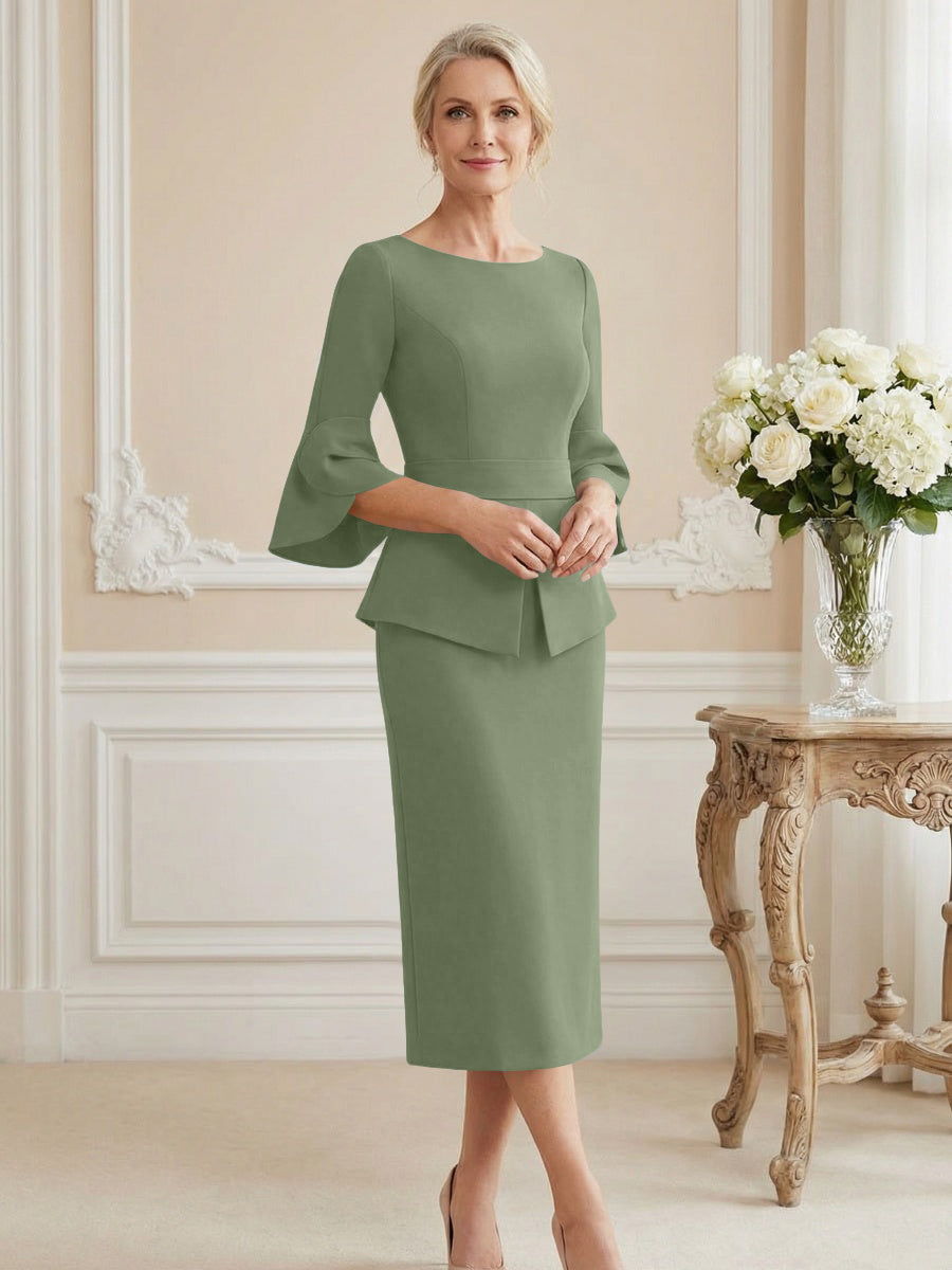 3/4 Sleeve Round Neck Sheath Midi Satin Mother of the Bride Dresses Formal Dress (SHI22500384)