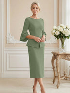 3/4 Sleeve Round Neck Sheath Midi Satin Mother of the Bride Dresses Formal Dress (SHI22500384)