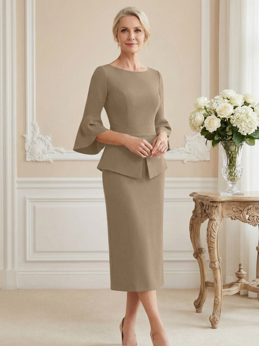 3/4 Sleeve Round Neck Sheath Midi Satin Mother of the Bride Dresses Formal Dress (SHI22500384)