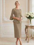 3/4 Sleeve Round Neck Sheath Midi Satin Mother of the Bride Dresses Formal Dress (SHI22500384)