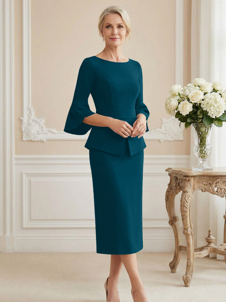 3/4 Sleeve Round Neck Sheath Midi Satin Mother of the Bride Dresses Formal Dress (SHI22500384)