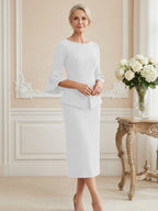 3/4 Sleeve Round Neck Sheath Midi Satin Mother of the Bride Dresses Formal Dress (SHI22500384)